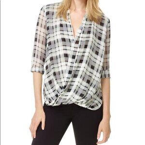 Babaton Aritzia Beau 100% Silk Semi-Sheer 3/4 Sleeve Blouse High-Low in Plaid